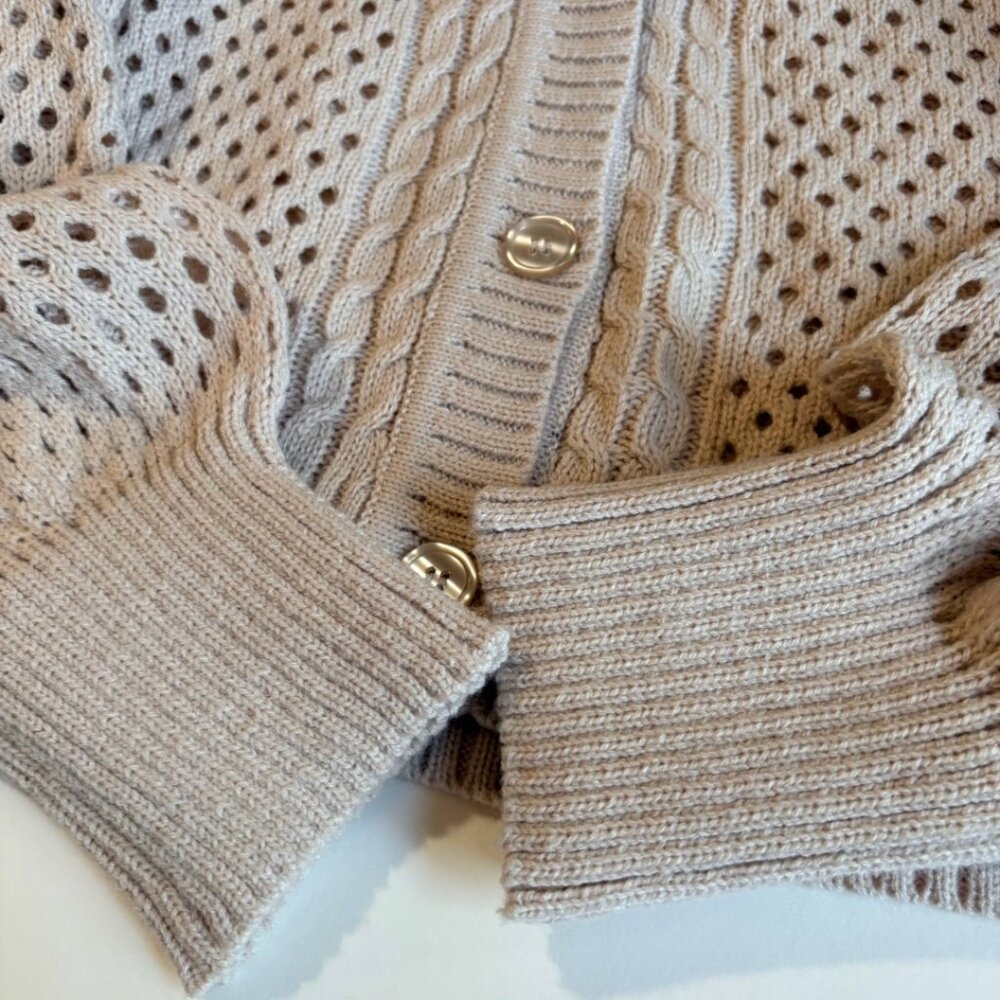 Ivory Open Knit Cable Cardigan Sweater Cottagecore Summer neutral XL - Picture 2 of 7